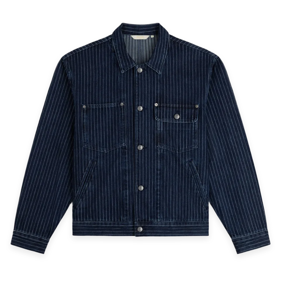 Aimé Leon Dore Chalk Stripe Denim Trucker Jacket
