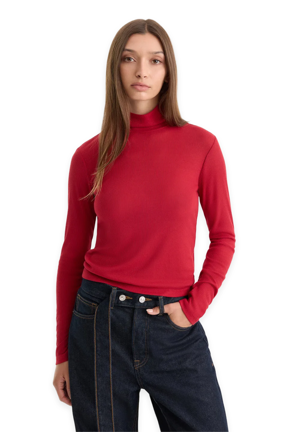 Good American THE SHEER RIB TURTLENECK · CARMINE