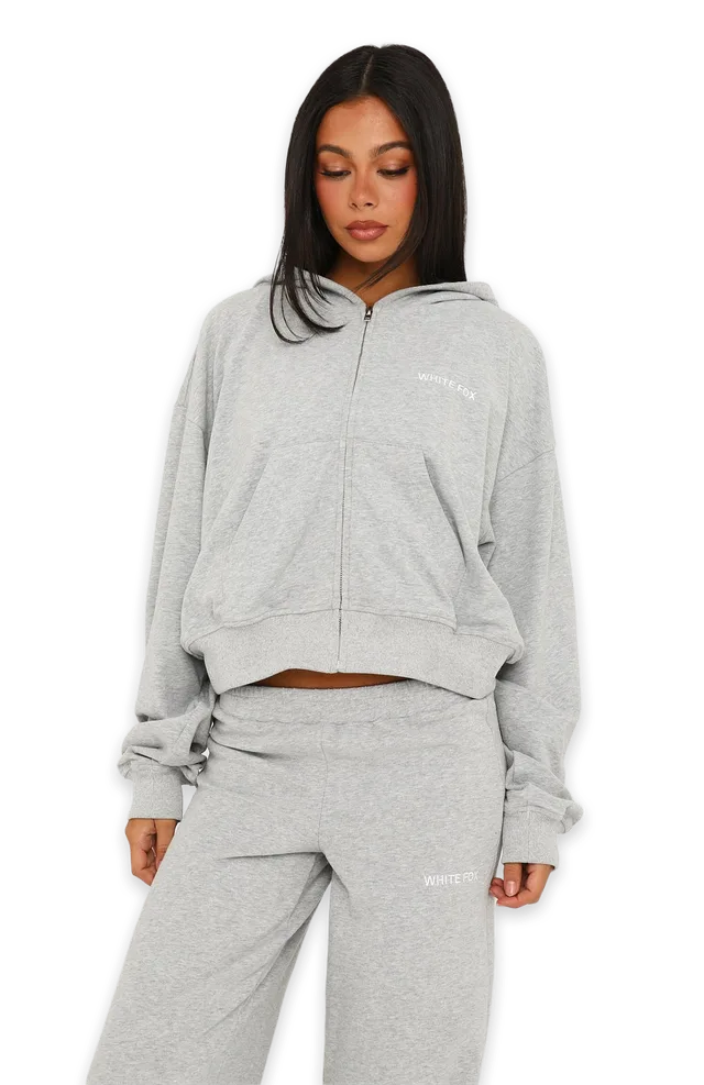 White Fox Looking Back Boxy Zip Front Hoodie Grey Marle