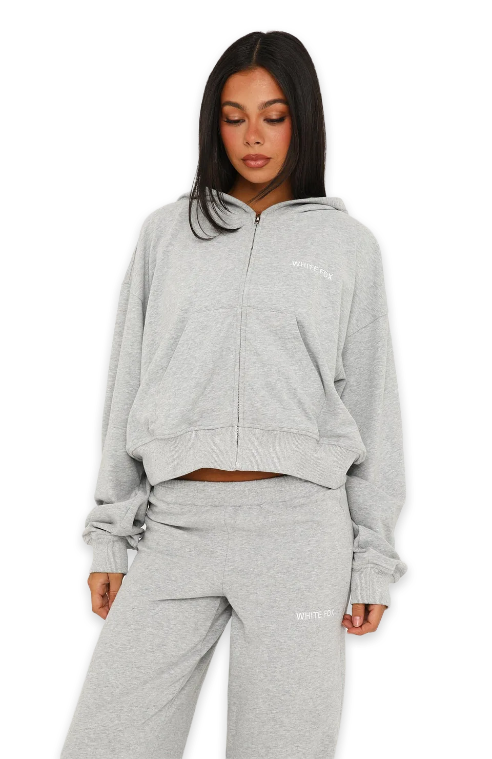 White Fox Looking Back Boxy Zip Front Hoodie Grey Marle, photo 2