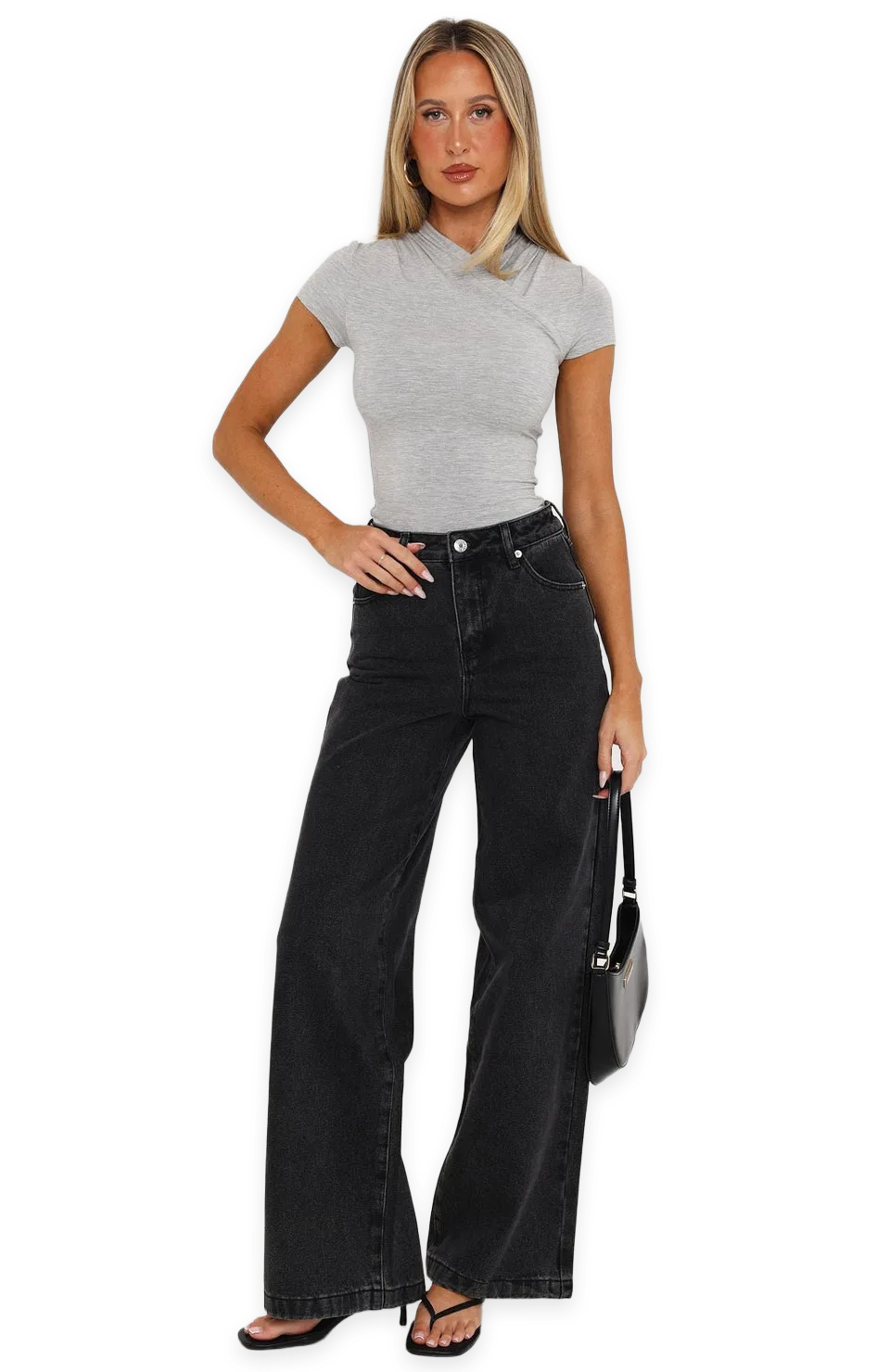 White Fox No Good High Rise Wide Leg Jeans Black Acid Wash, photo 2