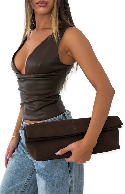 White Fox Cleo Clutch Bag Dark Chocolate Faux Suede