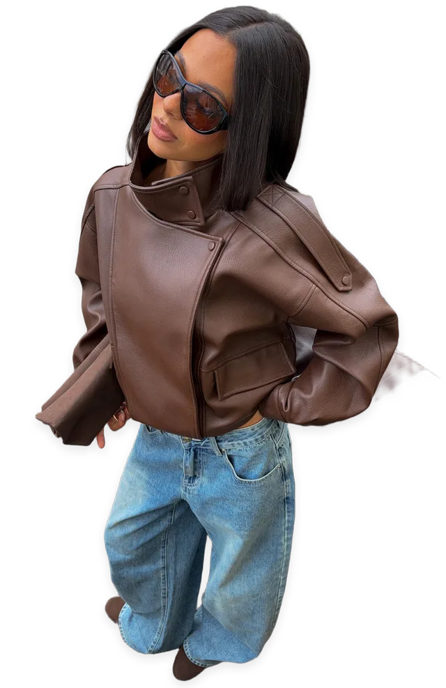 White Fox Arianna Funnel Neck PU Jacket Chocolate