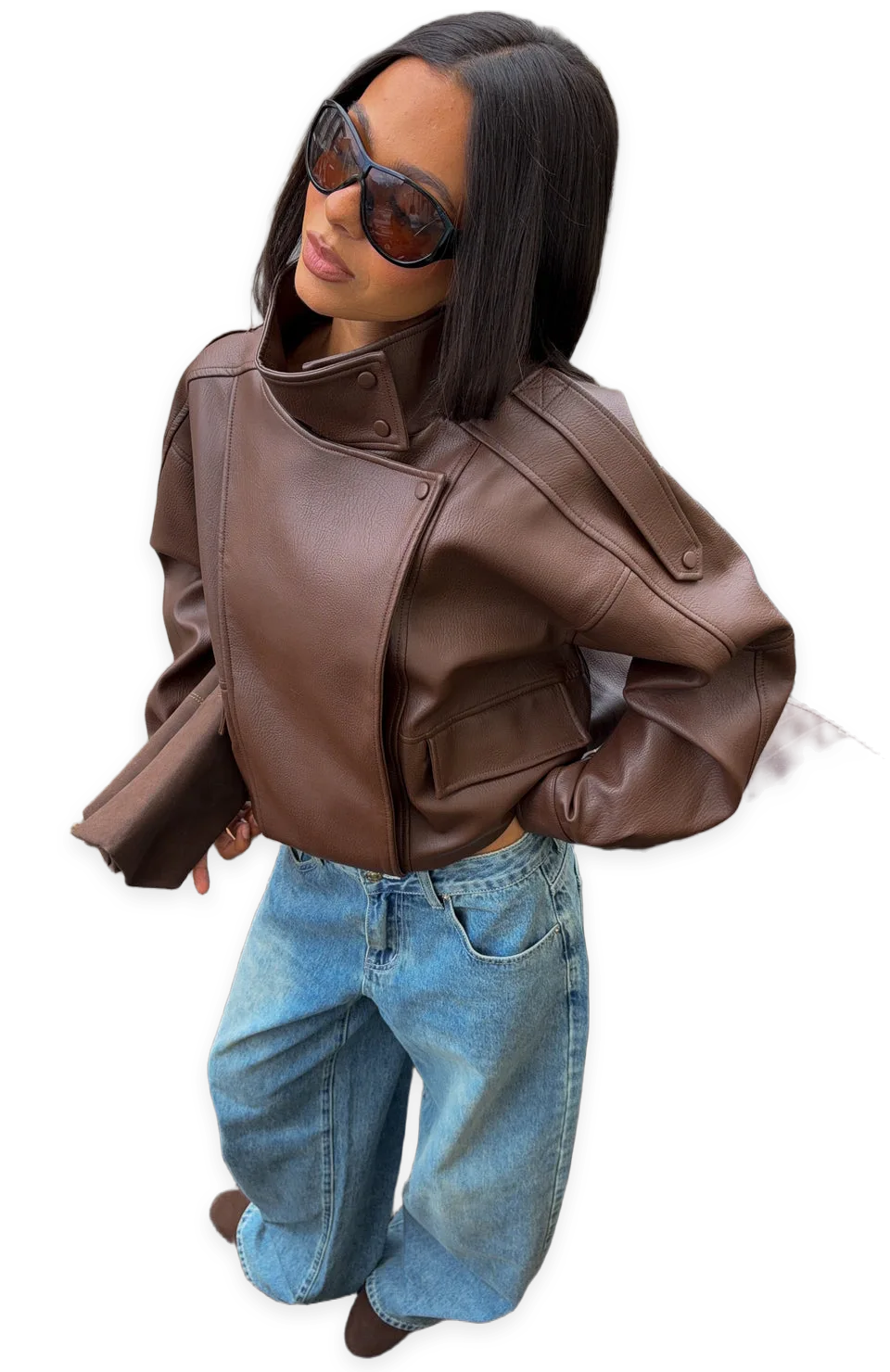 White Fox Arianna Funnel Neck PU Jacket Chocolate