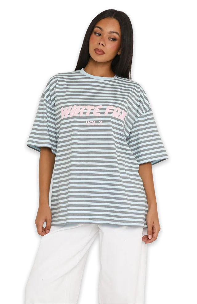 White Fox Offstage Striped Oversized Tee Blue/Charcoal Stripe