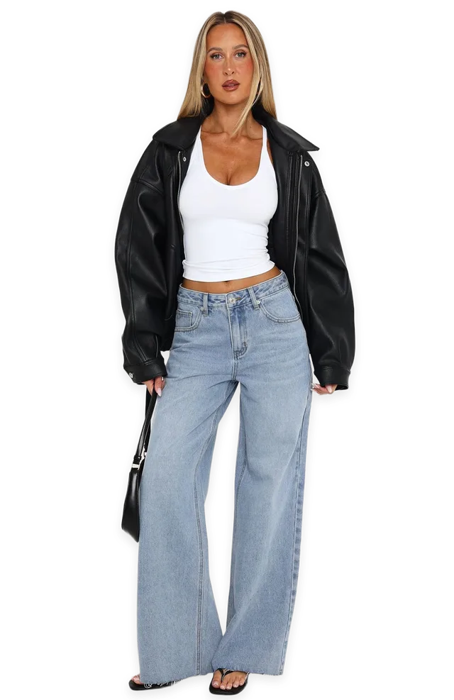 White Fox Feminine Instinct Mid Rise Wide Leg Jeans Washed Mid Blue