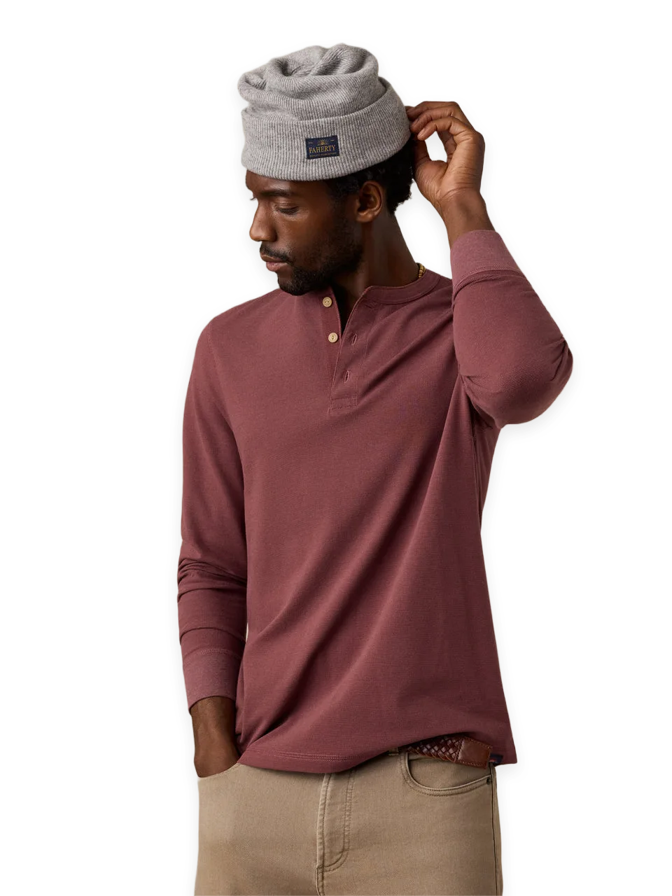 Faherty Long-Sleeve Waffle Henley · Autumn Mahogany
