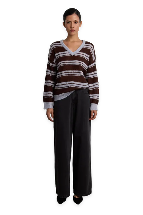 Oak + Fort WOOL BLEND STRIPED V-NECK SWEATER