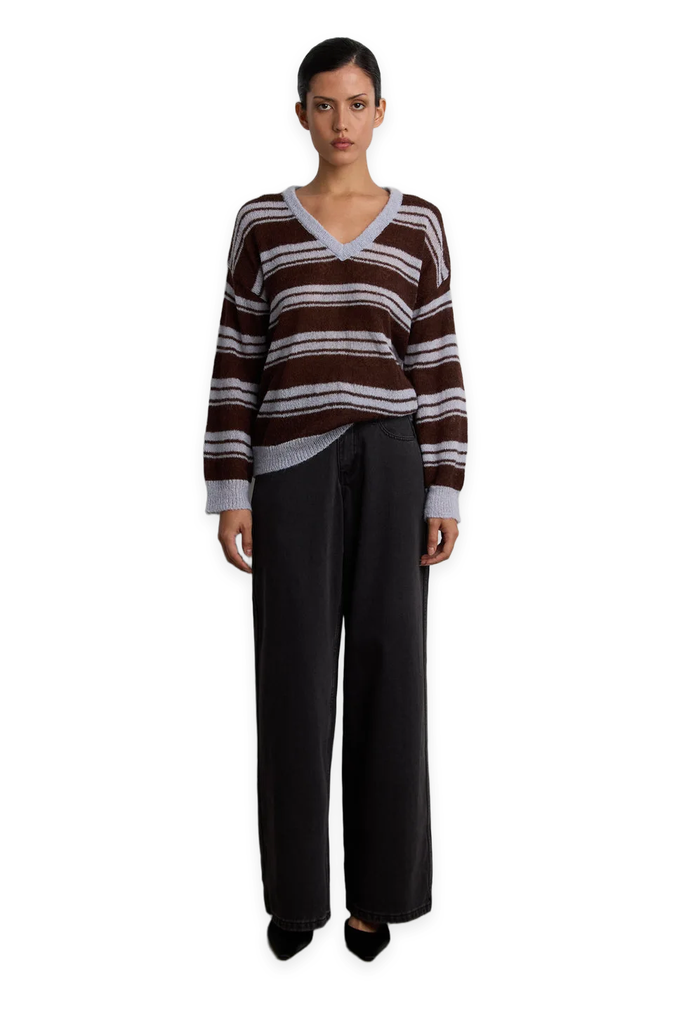 Oak + Fort WOOL BLEND STRIPED V-NECK SWEATER
