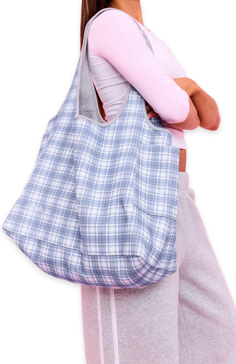 White Fox The Social Club Mirabelle Reversible Shoulder Bag Blue Plaid/Grey Marle