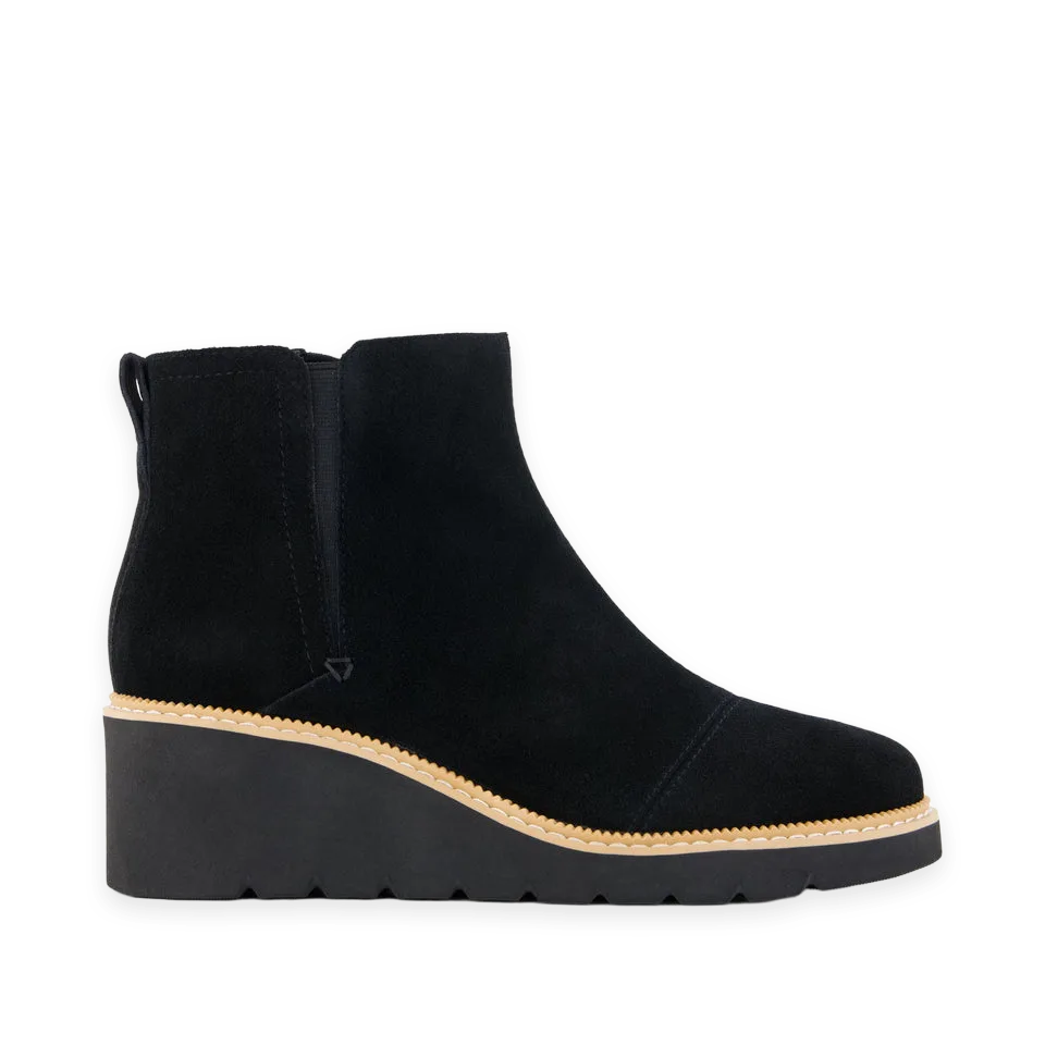 TOMS Womens Mina Wedge Boot Water Repellent Black Suede