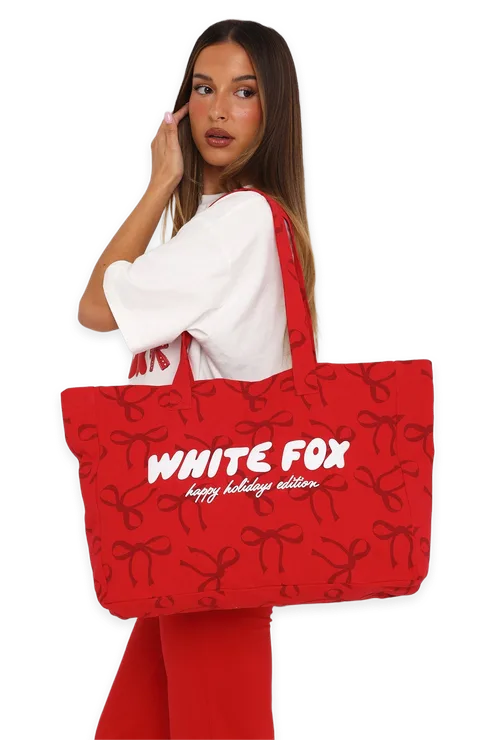 White Fox Wrapped With Love Tote Bag Red Bow