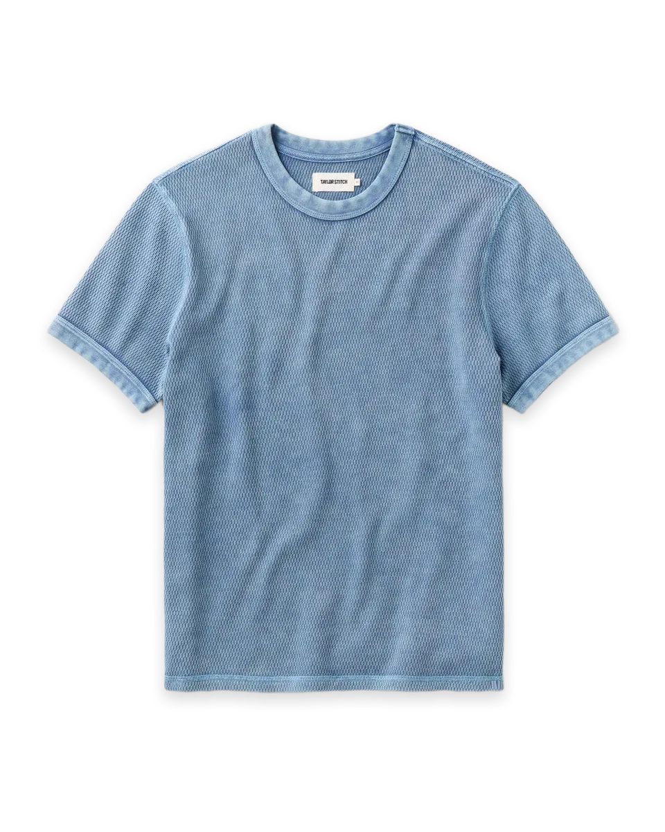 Taylor Stitch The Organic Cotton Short Sleeve Crew in Washed Blue Waffle