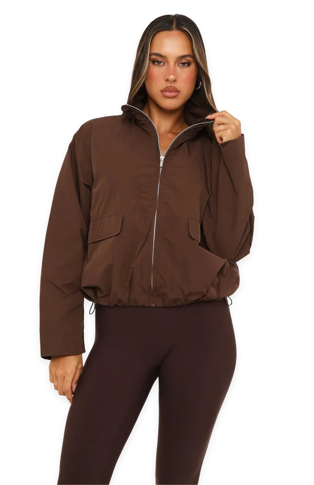 White Fox Celestine Funnel Neck Bomber Jacket Dark Chocolate
