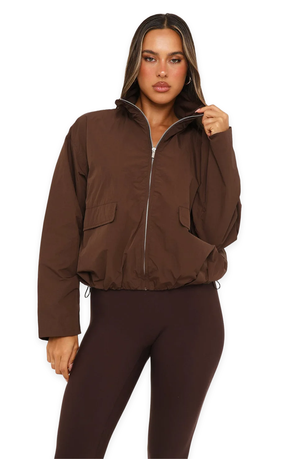 White Fox Celestine Funnel Neck Bomber Jacket Dark Chocolate, photo 3