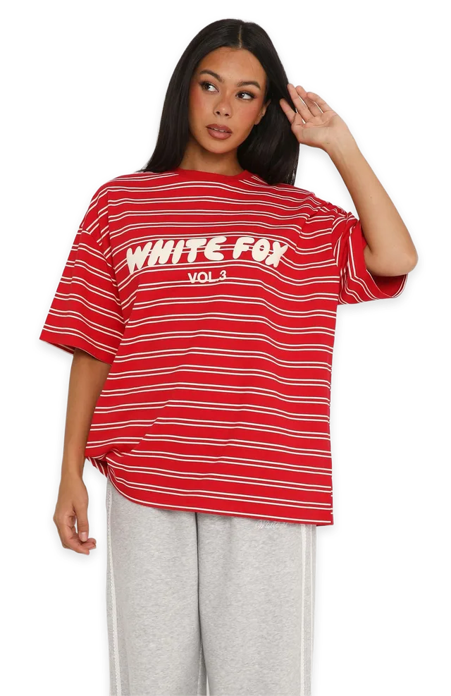 White Fox Offstage Striped Oversized Tee Red/Cream Stripe
