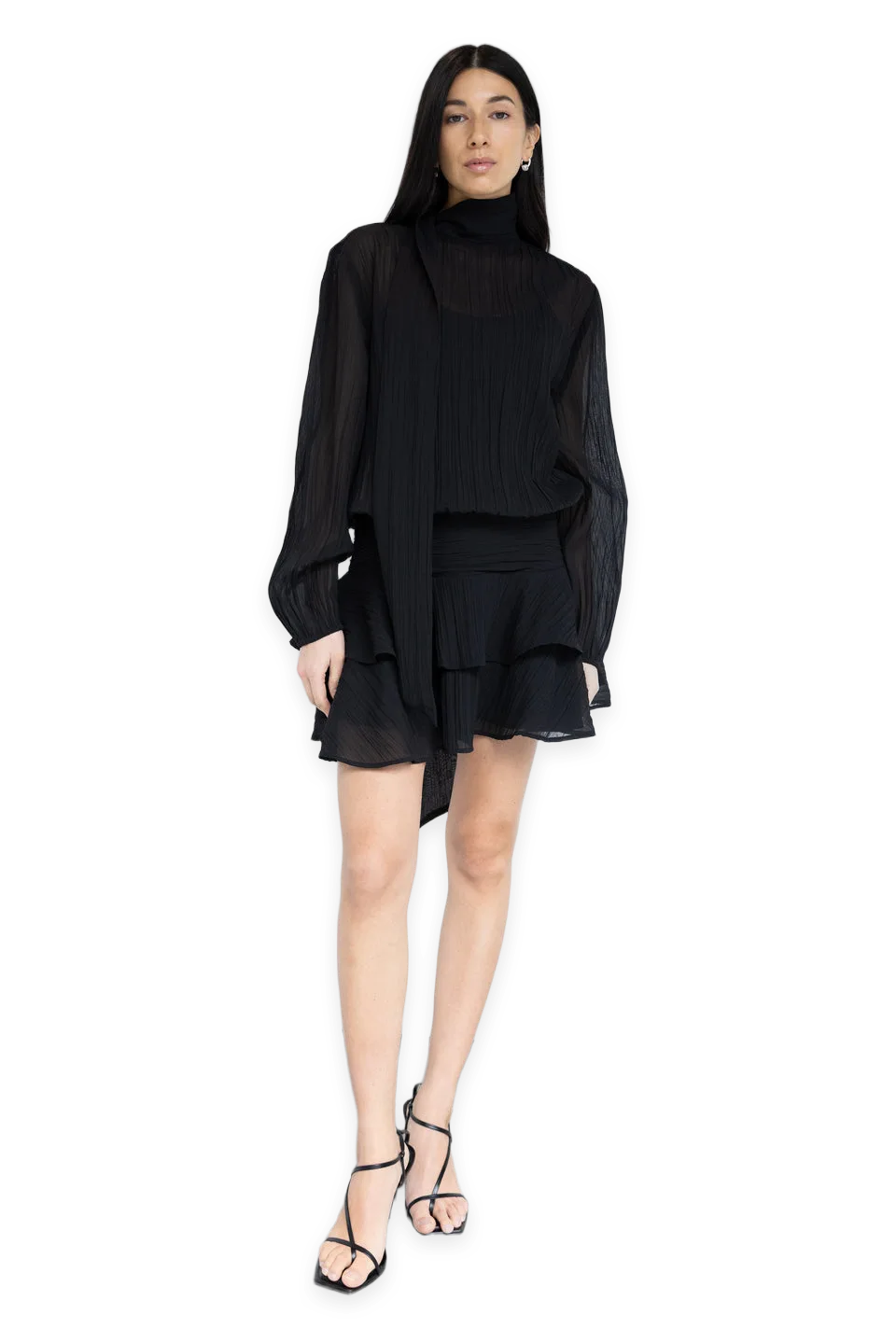 Oak + Fort MOCKNECK LONG SLEEVE SHEER RUFFLED MINI DRESS