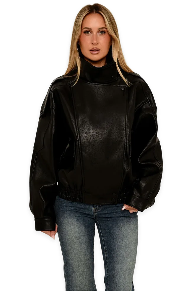 White Fox Arianna Funnel Neck PU Jacket Black