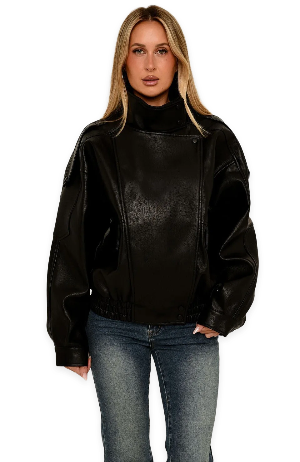 White Fox Arianna Funnel Neck PU Jacket Black, photo 3