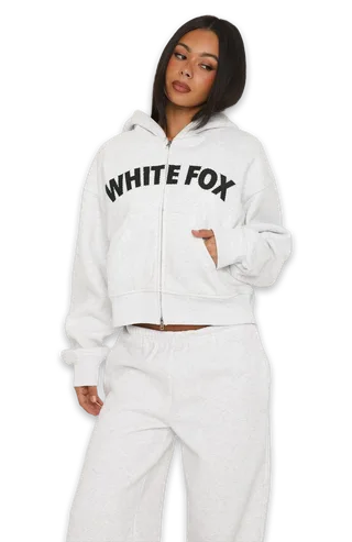 White Fox Anything For Love Boxy Zip Front Hoodie Grey Marle