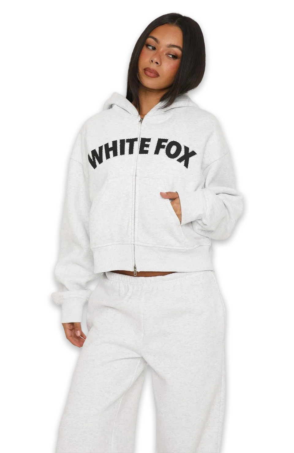 White Fox Anything For Love Boxy Zip Front Hoodie Grey Marle, photo 3