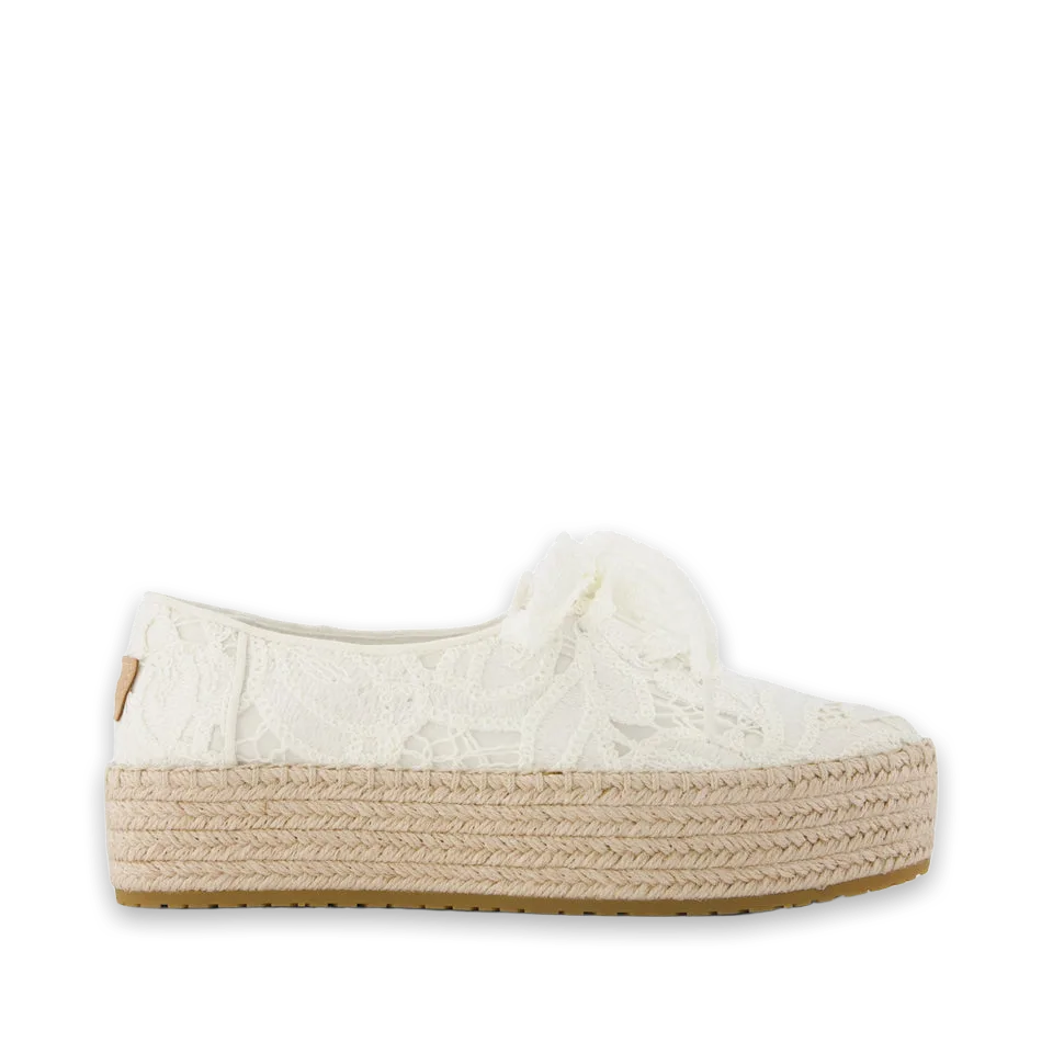 TOMS Womens Valencia Lace-Up Platform Espadrille Egret Floral Crochet