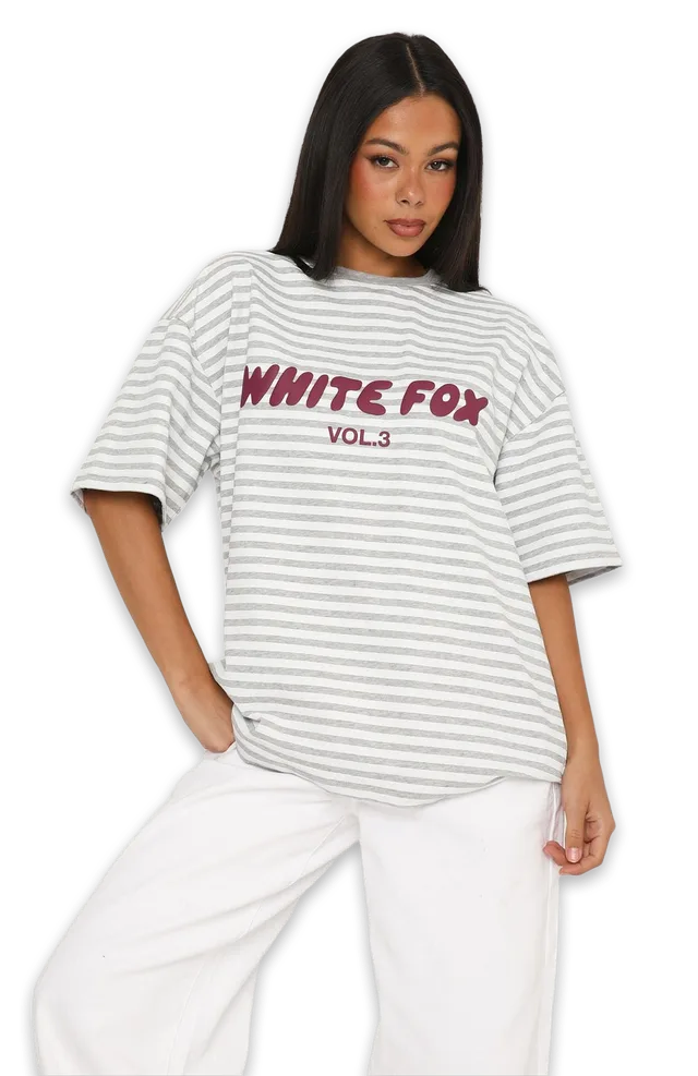 White Fox Offstage Striped Oversized Tee Grey/White Stripe