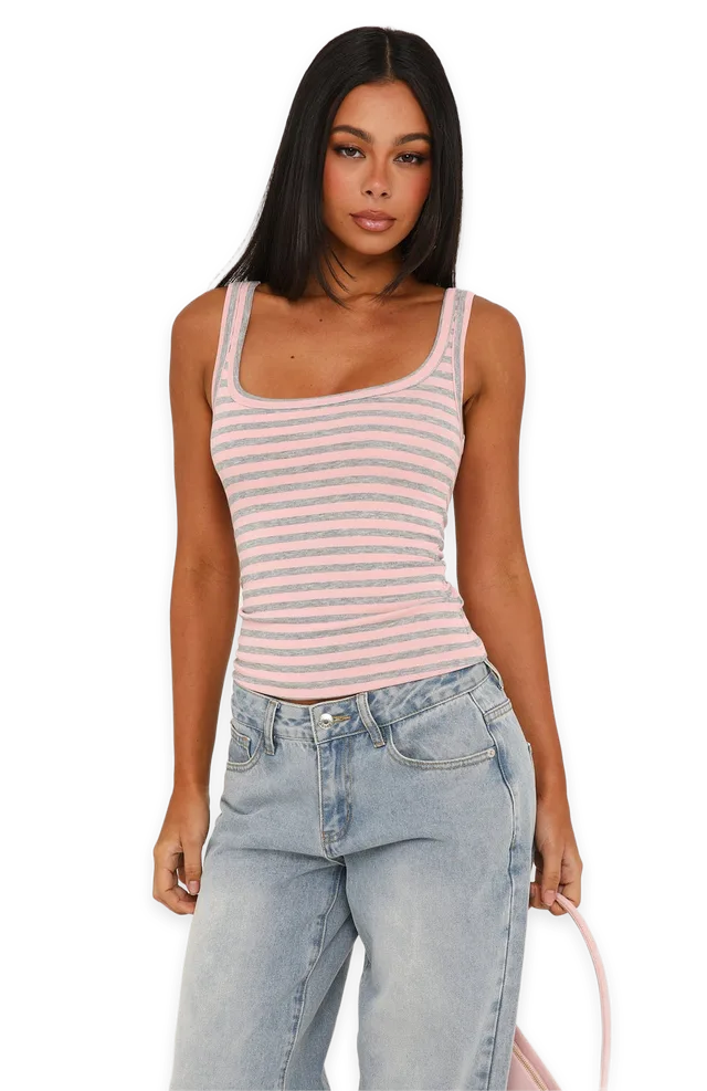 White Fox Chill Vibes Stripe Tank Top Pink/Grey Marle