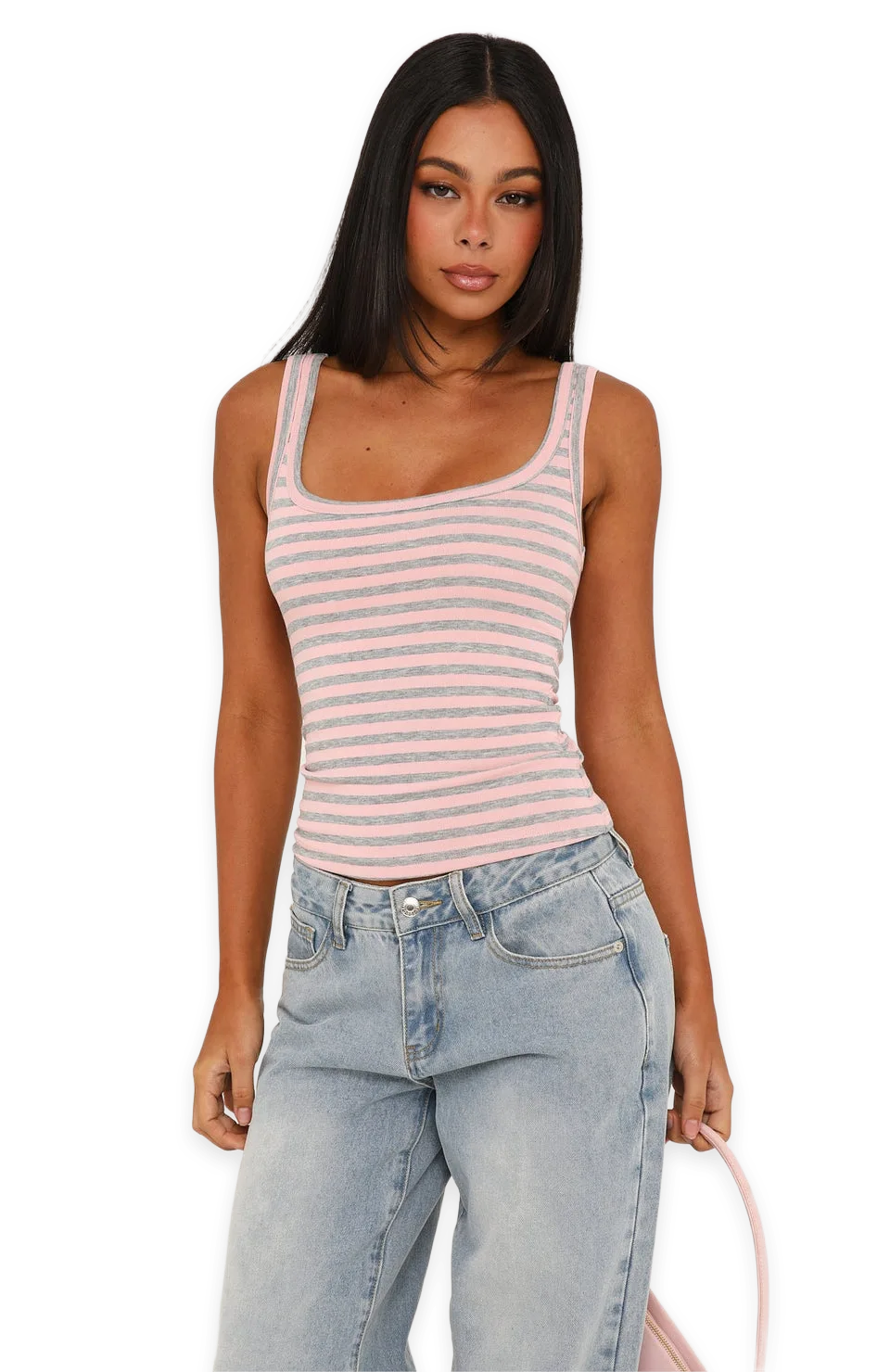 White Fox Chill Vibes Stripe Tank Top Pink/Grey Marle, photo 2