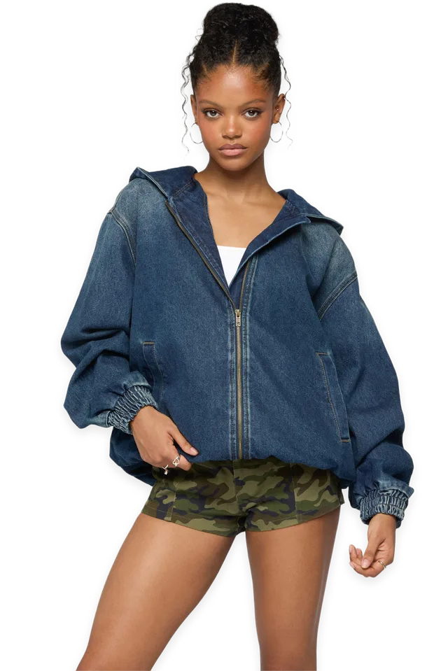 Edikted Hooded Vintage Washed Denim Bomber Jacket