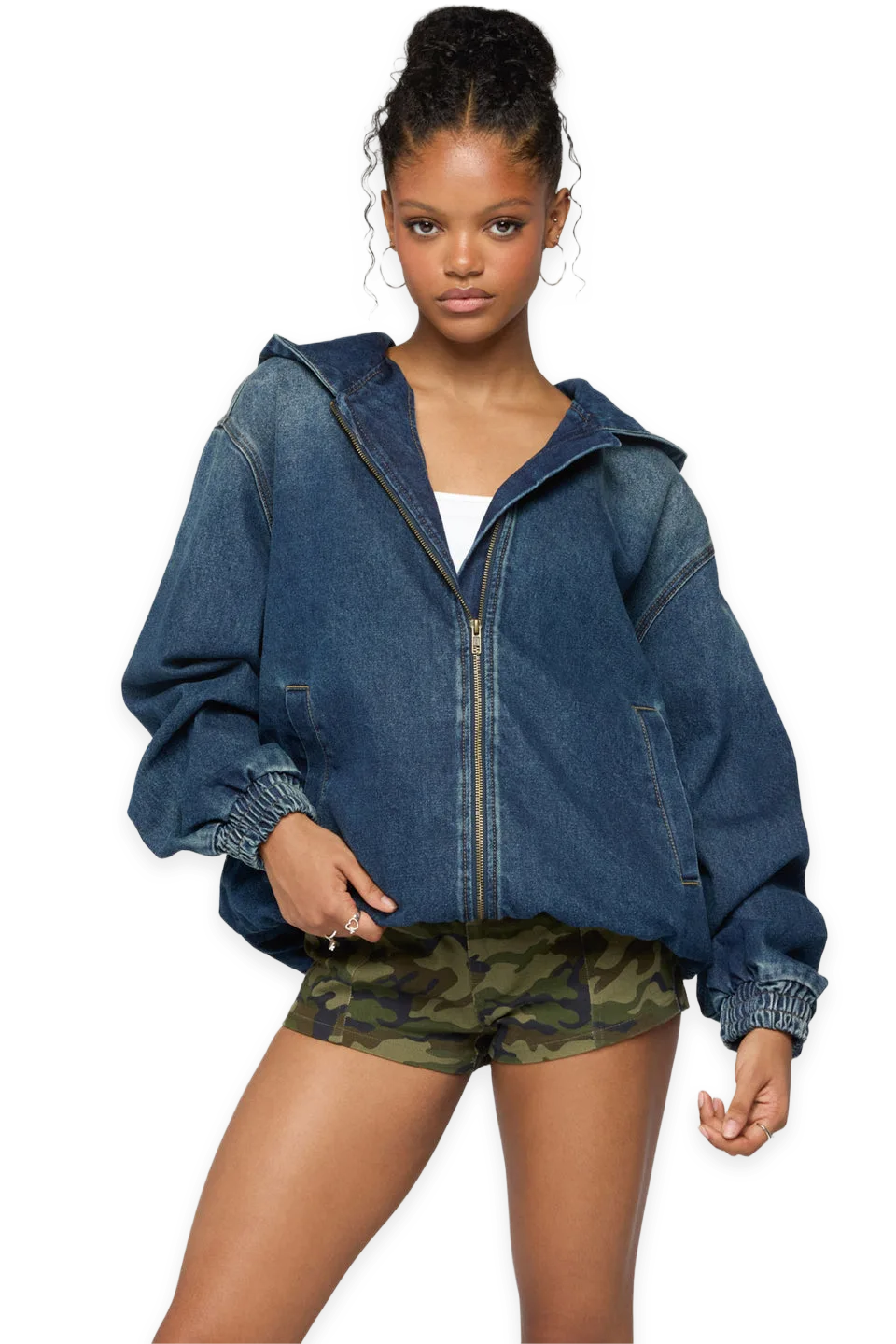 Edikted Hooded Vintage Washed Denim Bomber Jacket