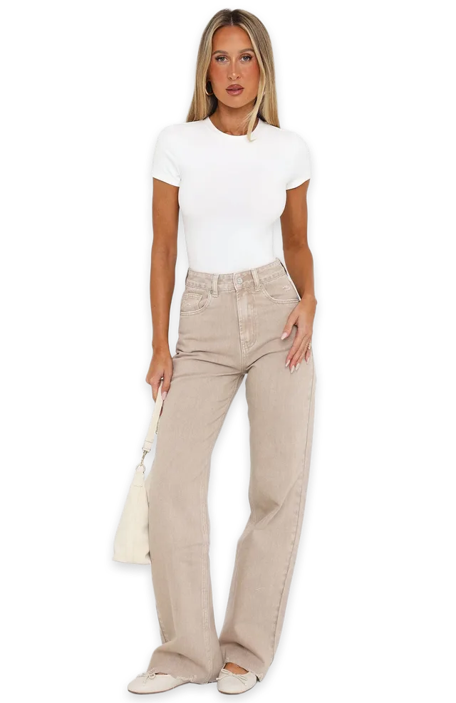 White Fox Alana High Waisted Straight Leg Jeans Sesame Wash