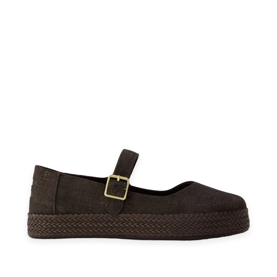 TOMS Womens Carolina Mary Jane Espadrille Metallic Chocolate Brown Crosshatch Suede