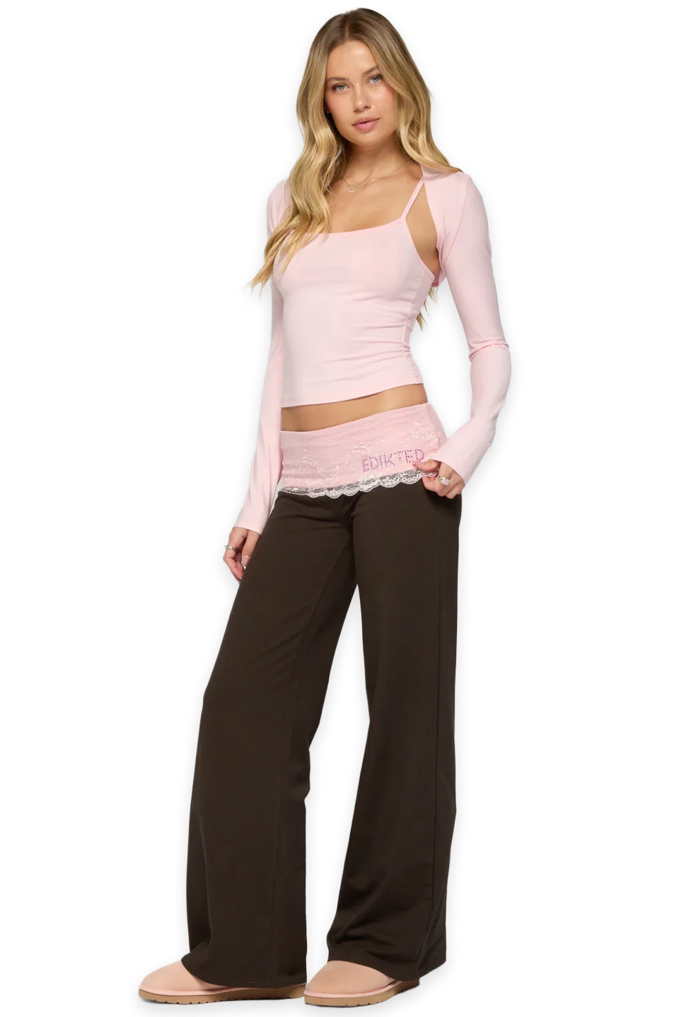 Edikted Chrissie Lacey Contrast Foldover Pants