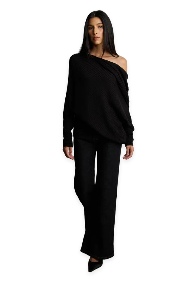 Oak + Fort RIBBED OFF THE SHOULDER SWEATER HOODIE