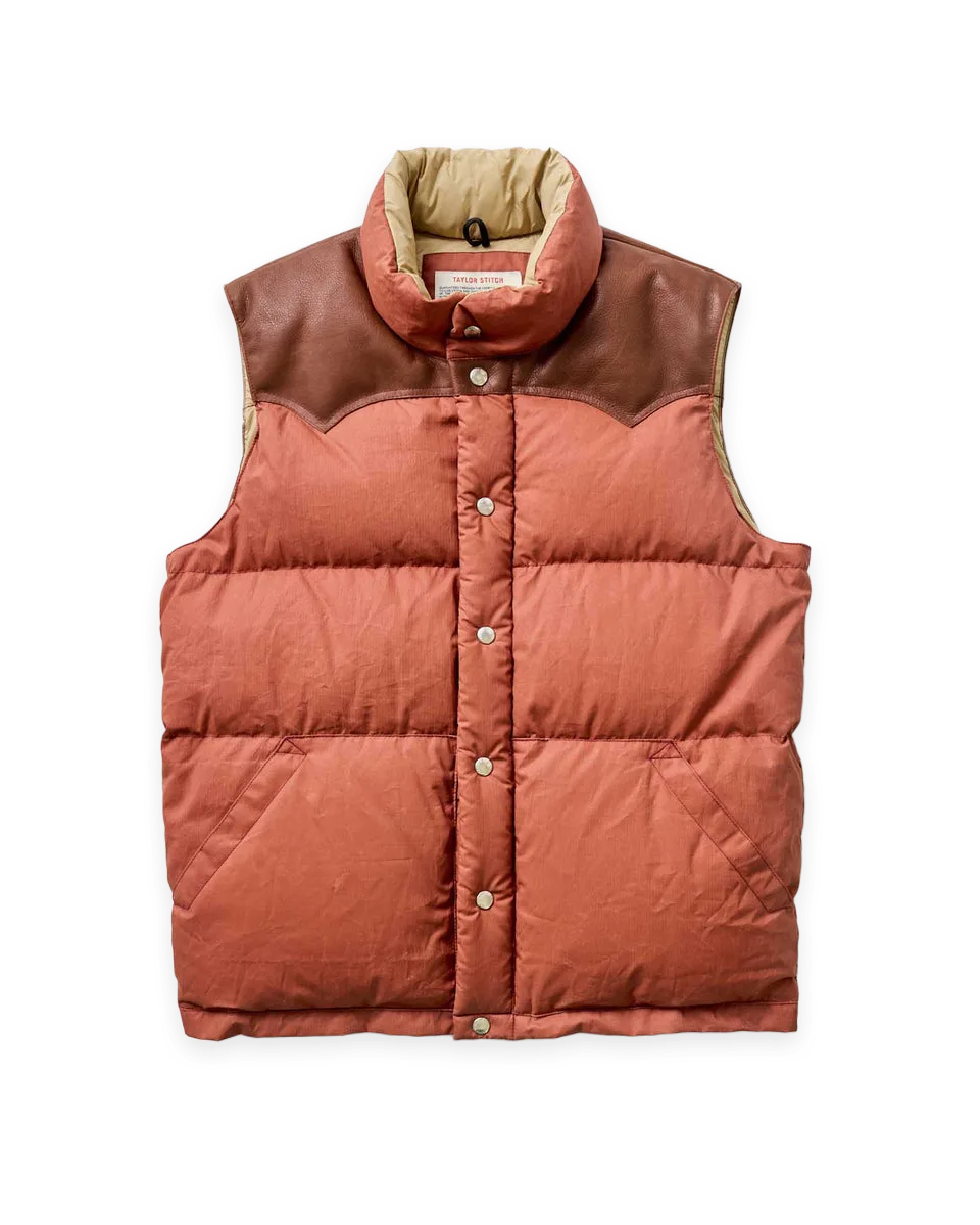 Taylor Stitch The Down Vest in Brick Red Waxed Ripstop