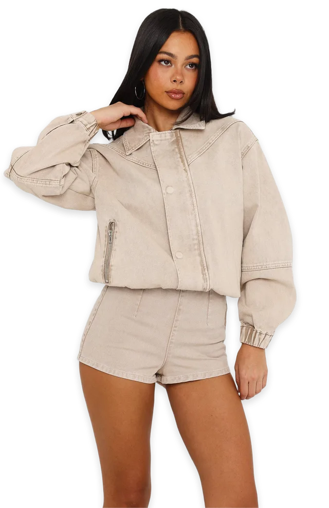 White Fox Cooler Than You Denim Bomber Jacket Sesame Wash