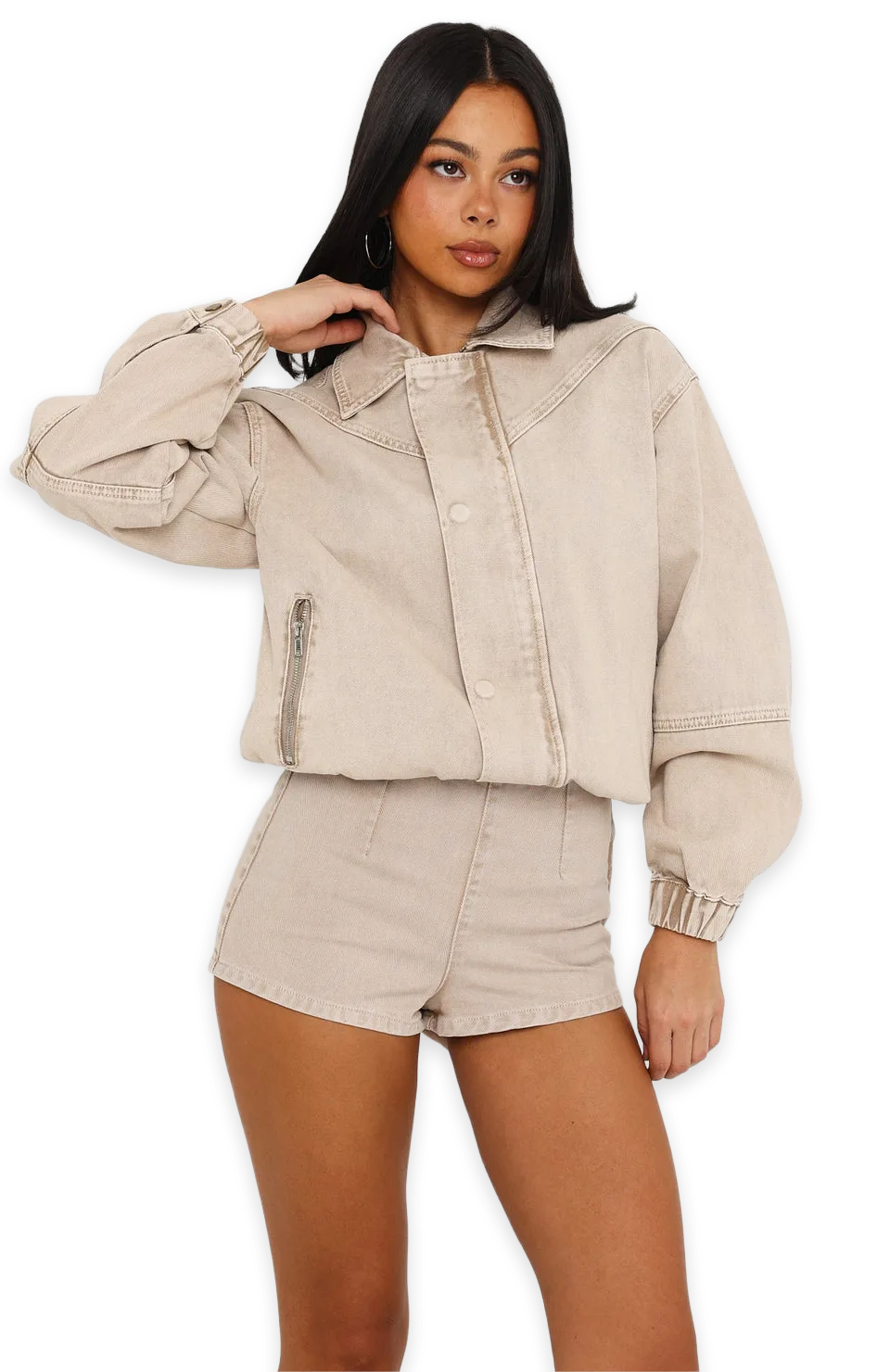 White Fox Cooler Than You Denim Bomber Jacket Sesame Wash, photo 2