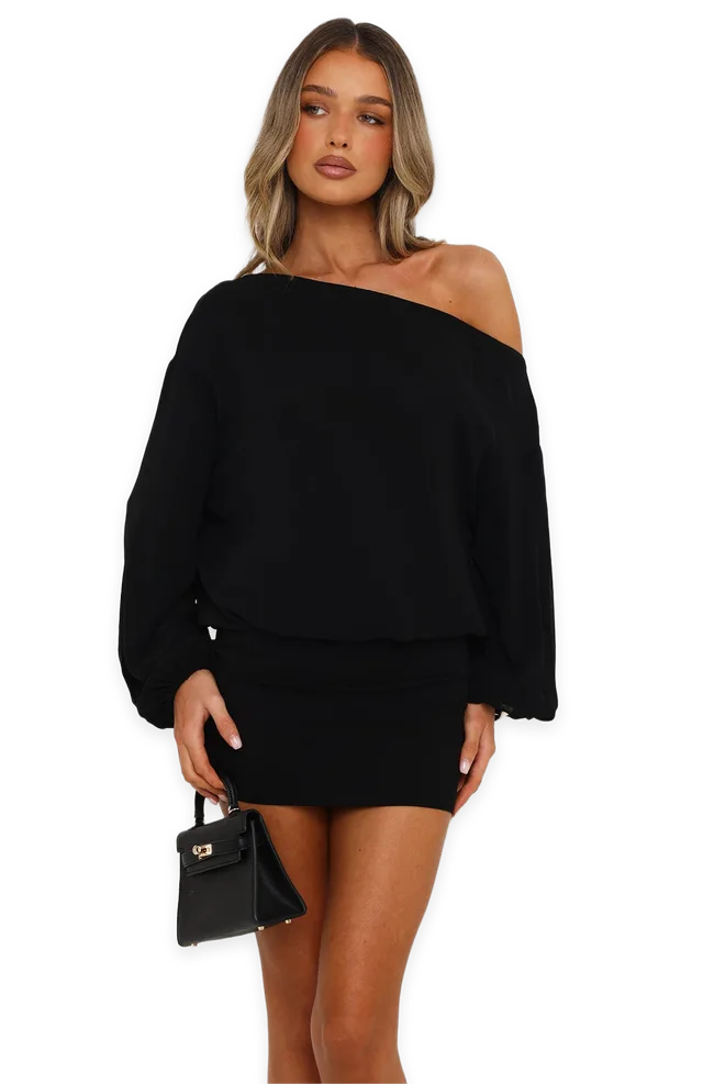 White Fox City Glow Off Shoulder Mini Dress Black