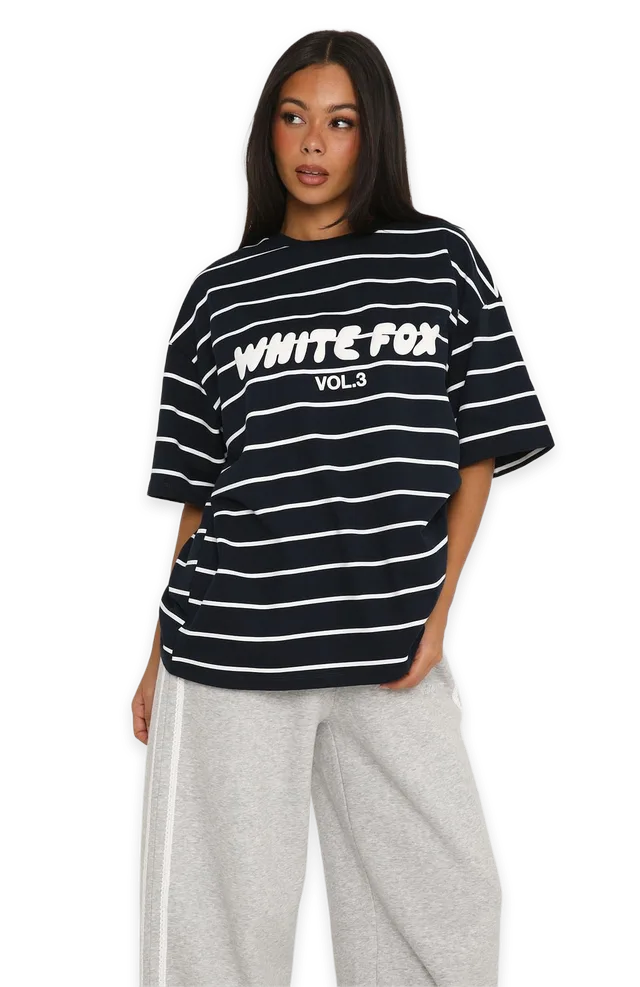 White Fox Offstage Striped Oversized Tee Navy/White Stripe