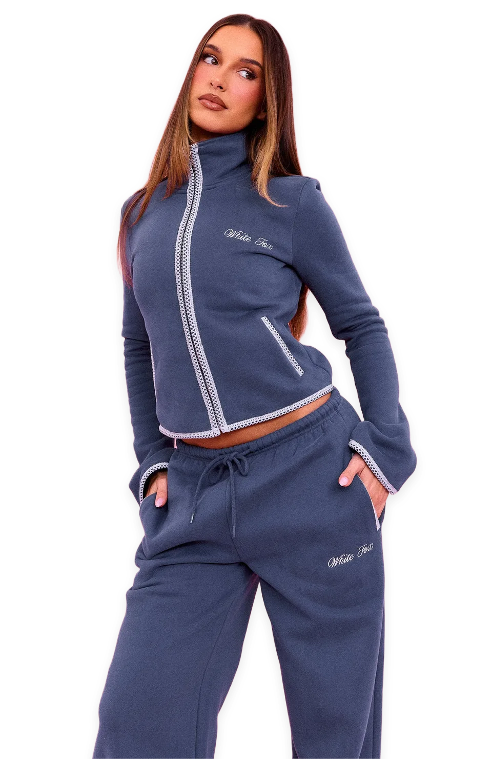White Fox The Social Club Helena Zip Front Funnel Neck Jacket Navy