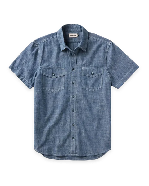 Taylor Stitch The Short Sleeve Crew Shirt in Washed Indigo Chambray