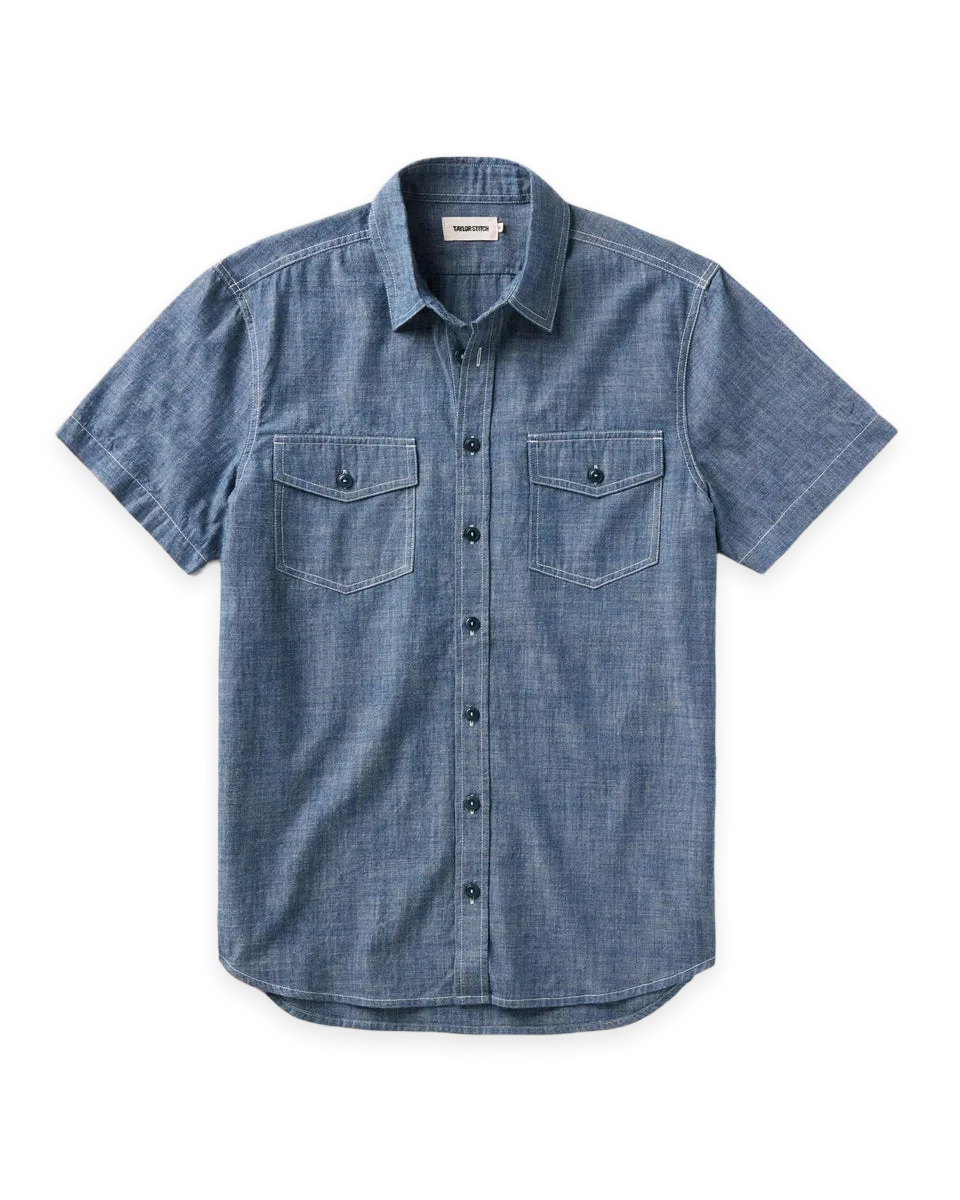 Taylor Stitch The Short Sleeve Crew Shirt in Washed Indigo Chambray