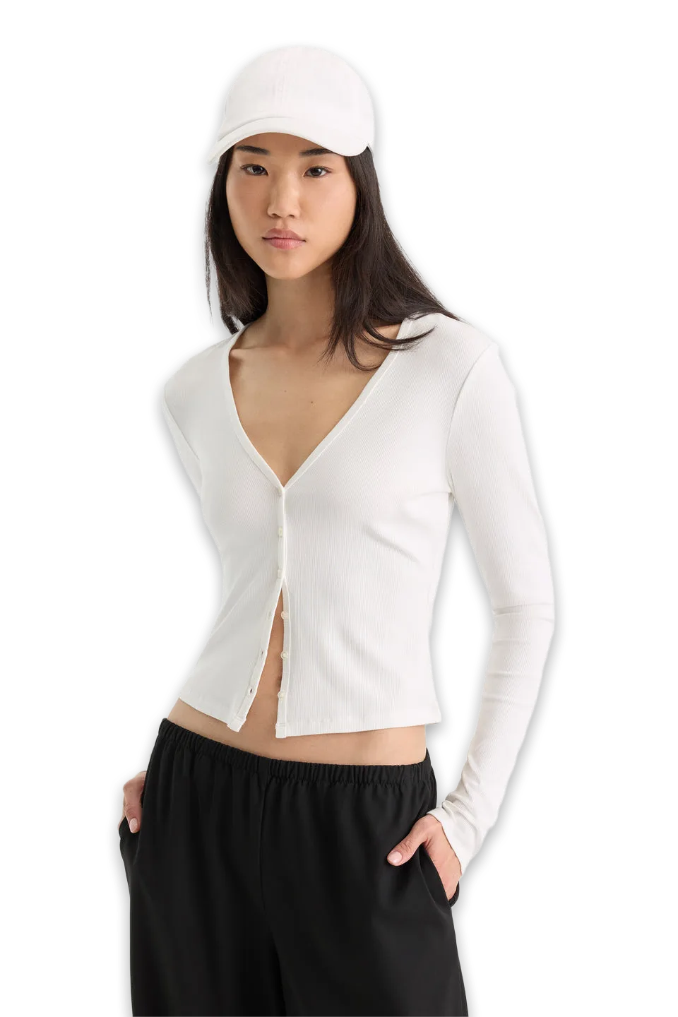 Good American THE RIB V NECK CARDIGAN