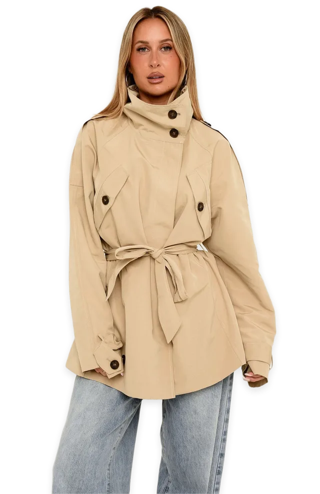 White Fox Thessaly Funnel Neck Cropped Trench Jacket Sand