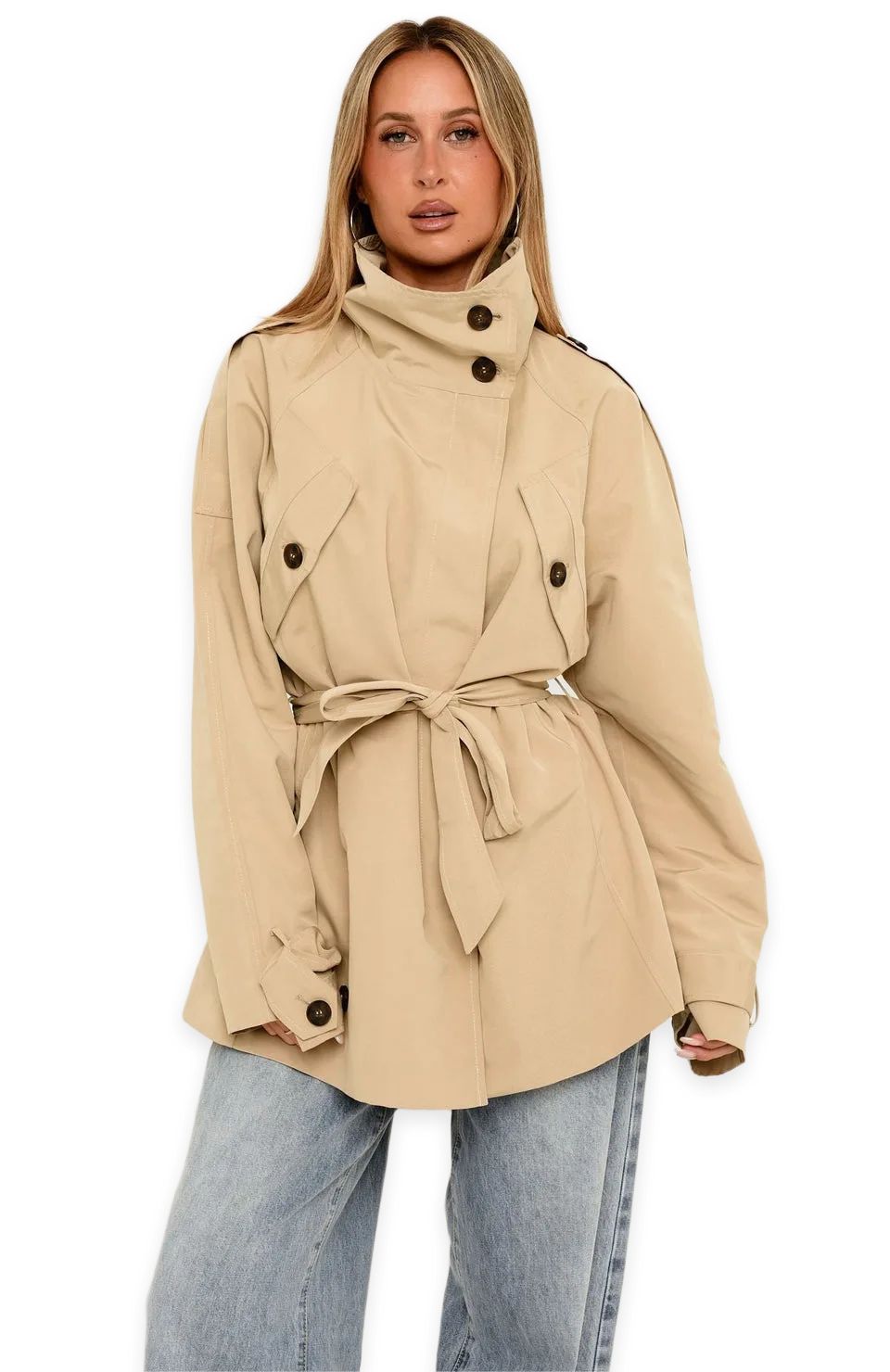 White Fox Thessaly Funnel Neck Cropped Trench Jacket Sand, photo 4