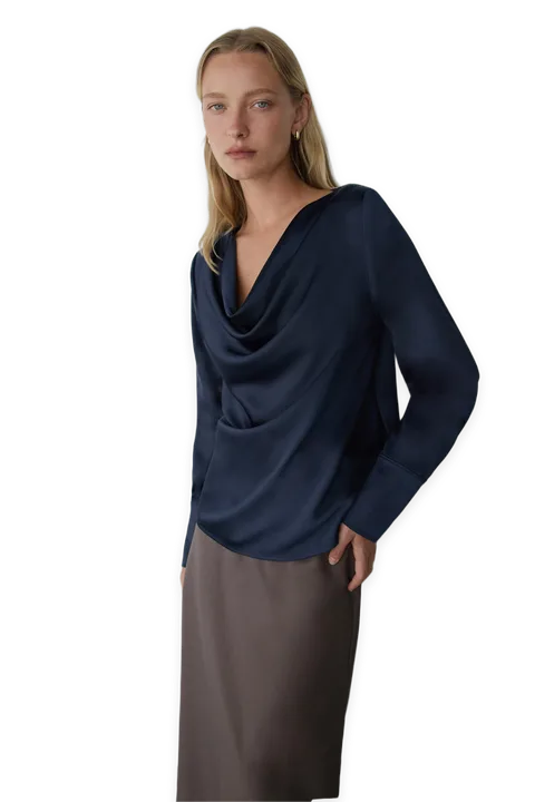 Oak + Fort SATIN COWL NECK LONG SLEEVE BLOUSE