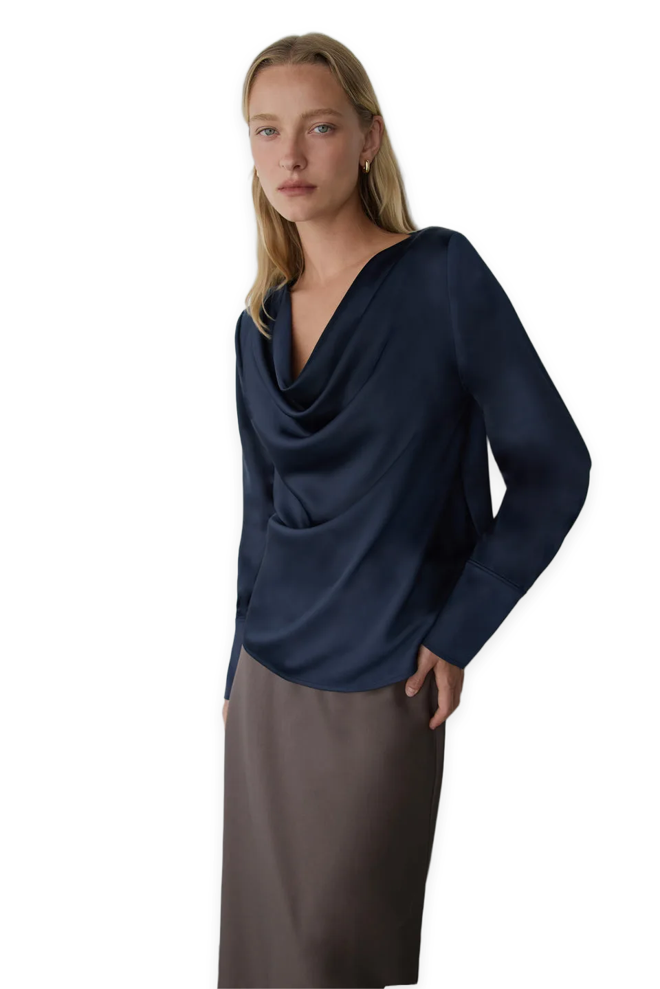 Oak + Fort SATIN COWL NECK LONG SLEEVE BLOUSE