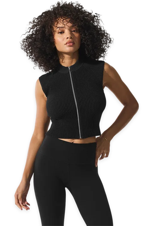 Alo Denim Knit Sleeveless Full Zip Top