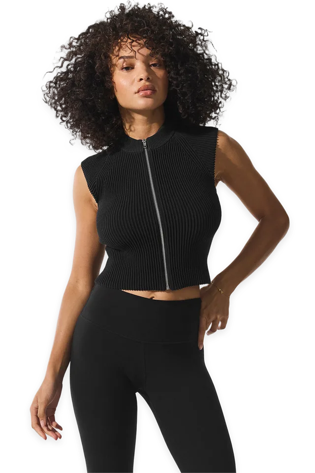 Alo Denim Knit Sleeveless Full Zip Top